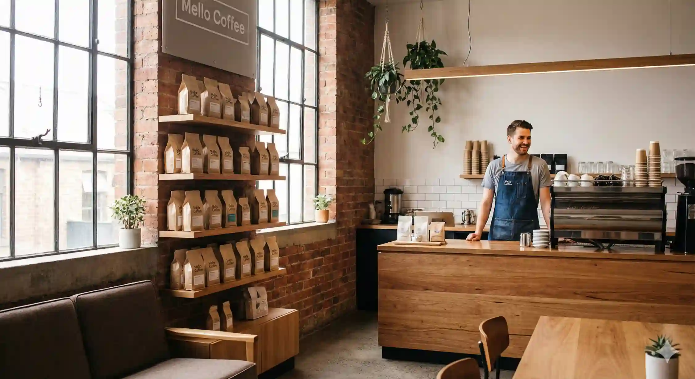 نمای داخلی فروشگاه قهوه ملو کافی و قفسه قهوه‌های تازه.