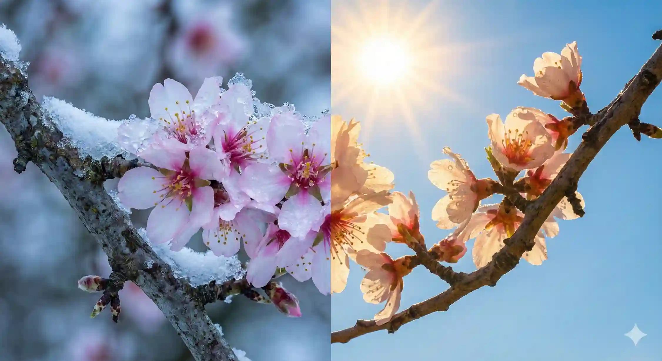 شکوفه های دیرگل نهال بادام تونو مقاوم به سرمای بهاره در مناطق کوهستانی.