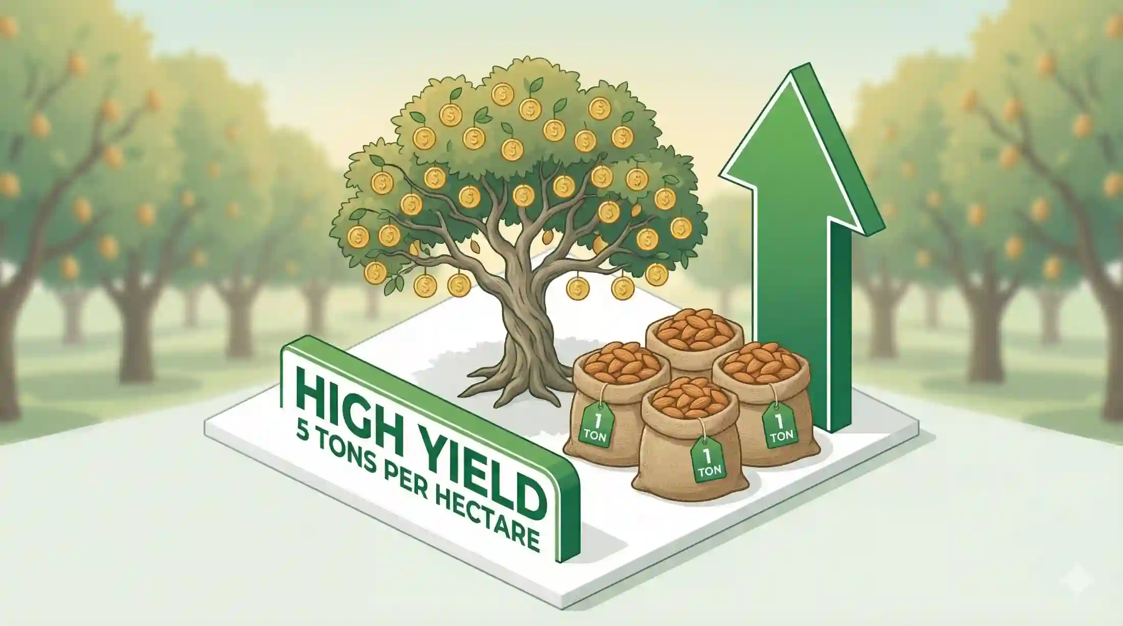 اینفوگرافیک میزان باردهی و سودآوری نهال بادام تونو در هر هکتار.